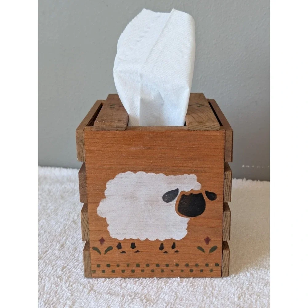 Country Wooden Tissue Box Cover Rustic Farmhouse Cottage Core Sheep Stencil